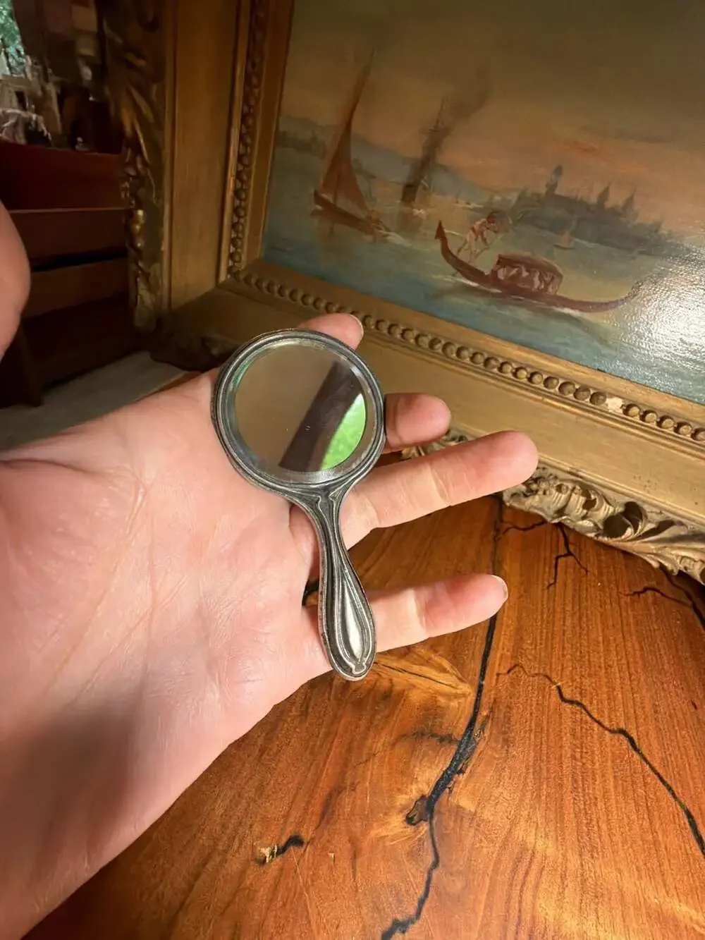 Vintage Fulton's Pharmacy First Anniversary Advertising Hand Mirror